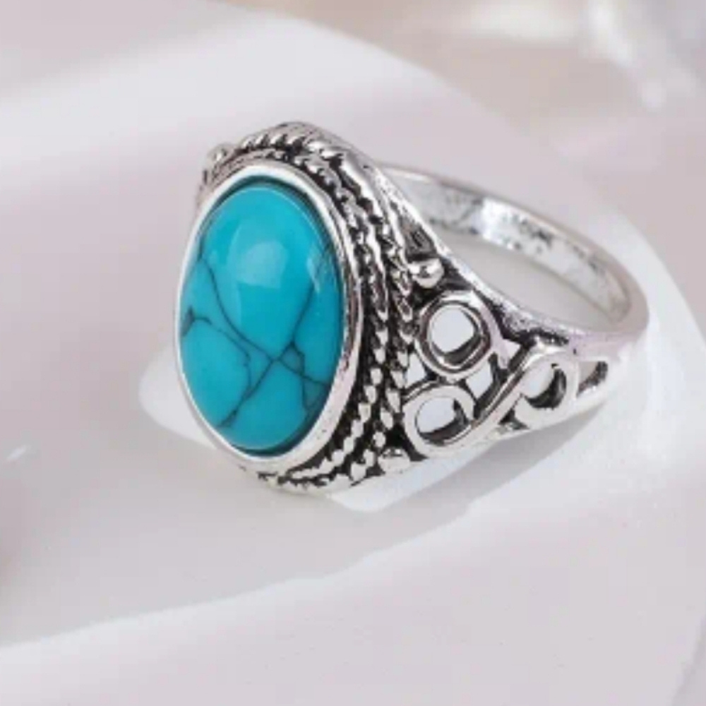 Turquiose Faux Silver Plate Ring Size 9
